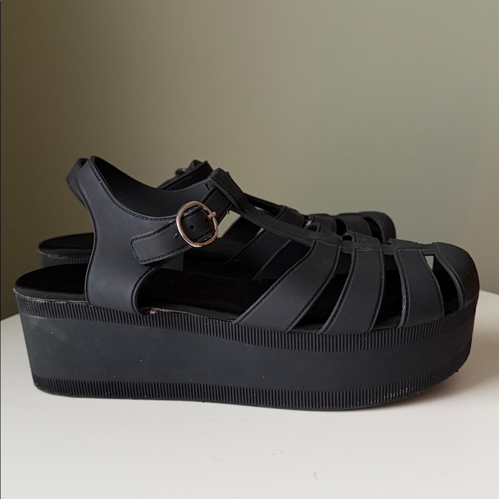 Jeffrey Campbell Candied Black Matte Chunky Platform Sturdy T-Strap Fisherman - Picture 16 of 16